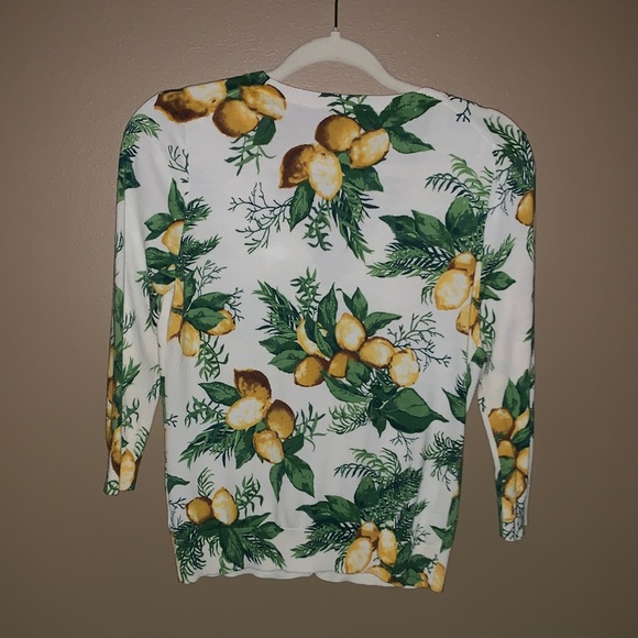 Talbots Women's Cardigan with Lemon and Leaf Print - White and Green - Picture 3 of 4